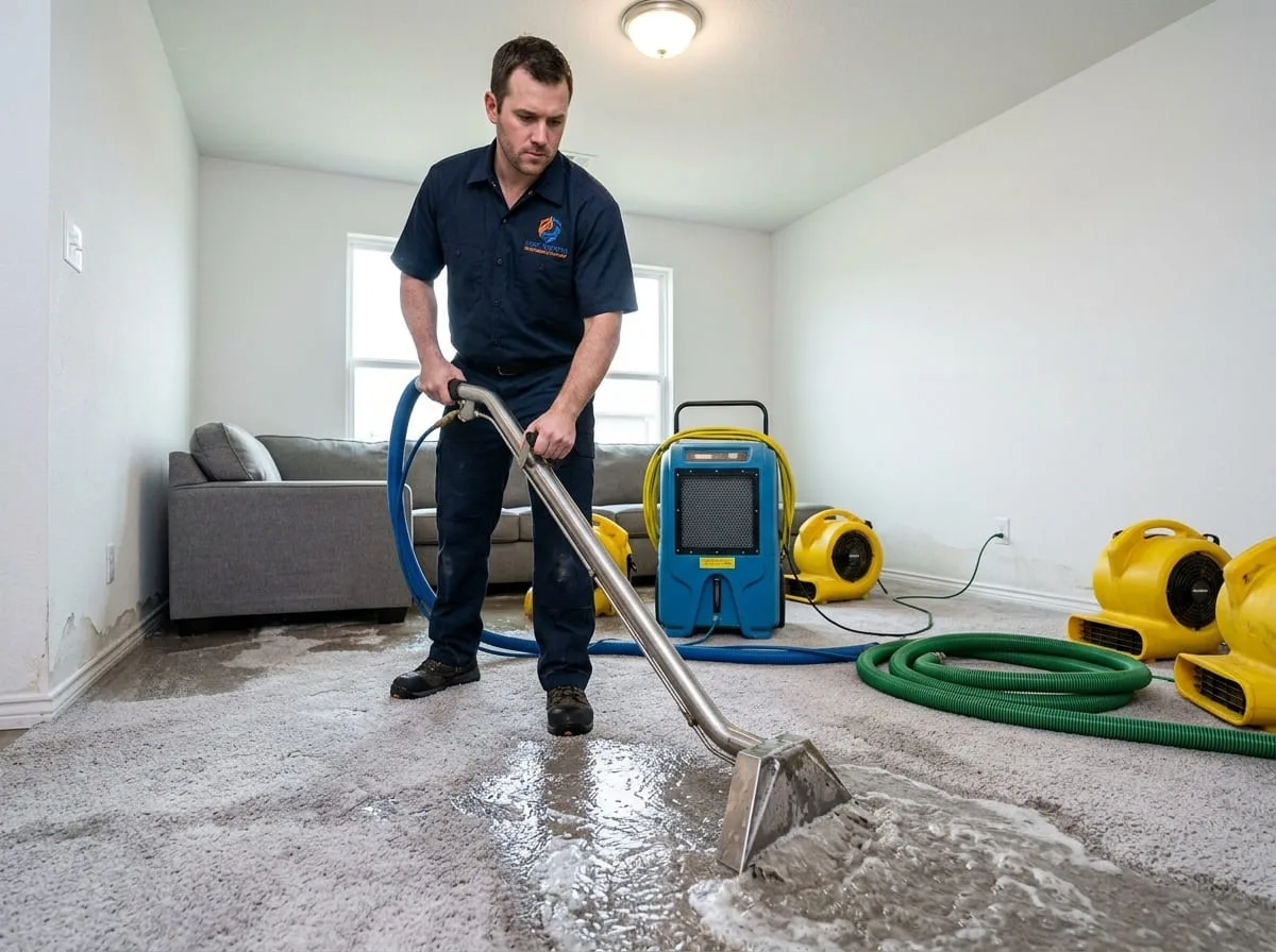 Technicians running extraction and drying equipment in a water-damaged space