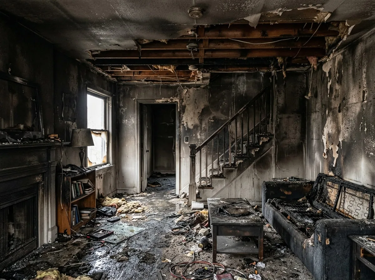 Fire and smoke damaged living room before restoration begins