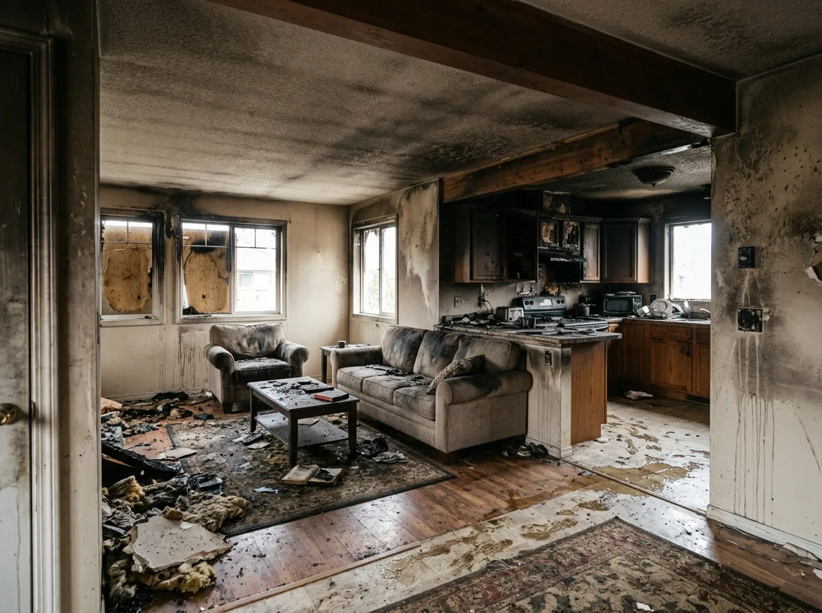Fire and smoke damaged kitchen and living area before restoration begins