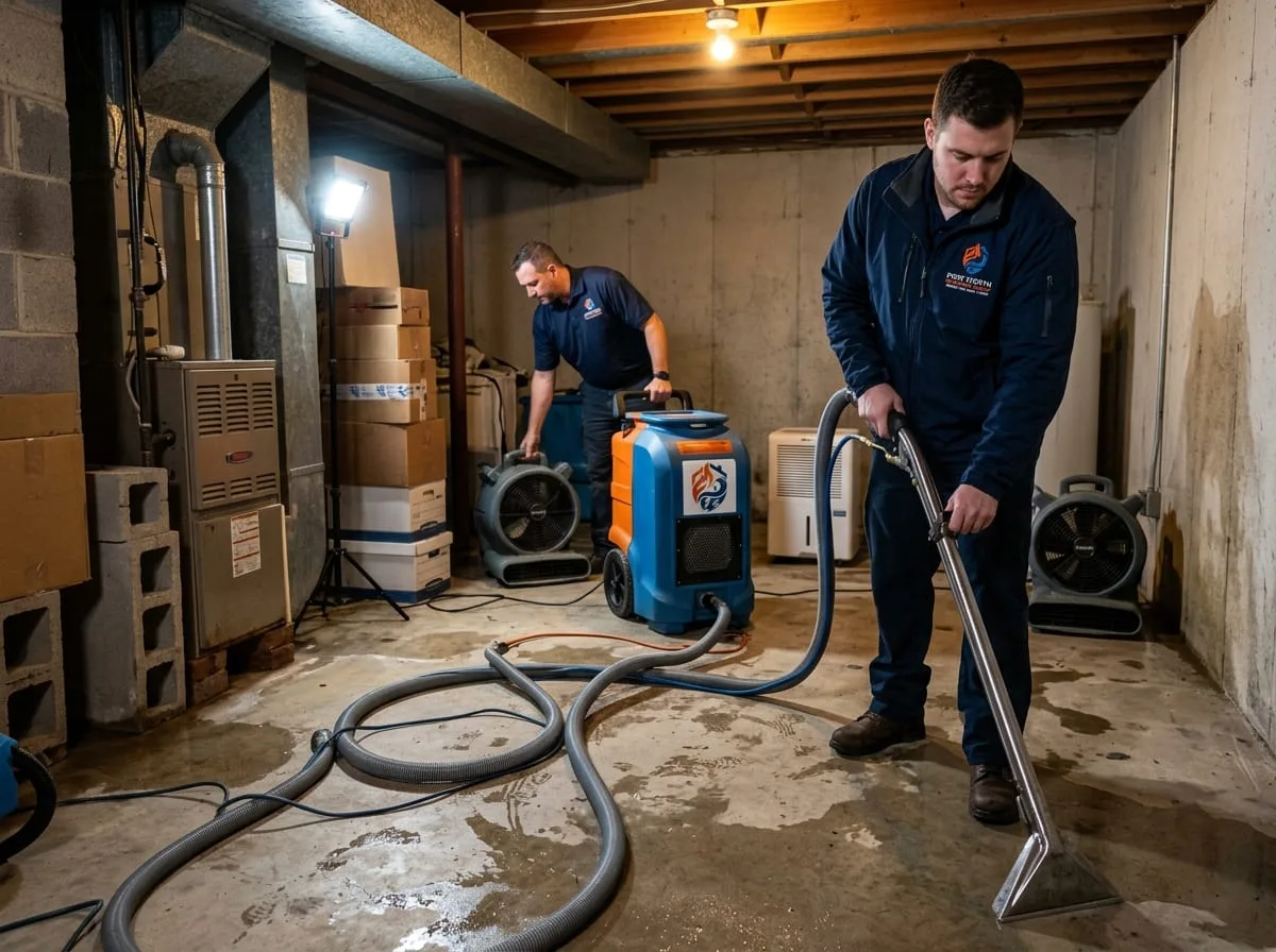 Restoration crew removing standing water and setting up drying equipment after flooding