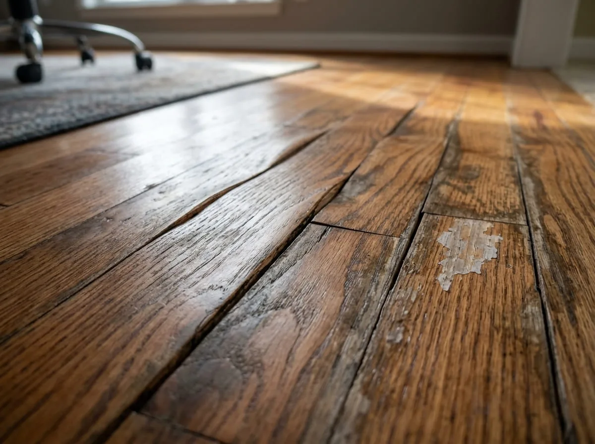 Water-damaged hardwood flooring showing cupping and moisture intrusion in a Crowley home