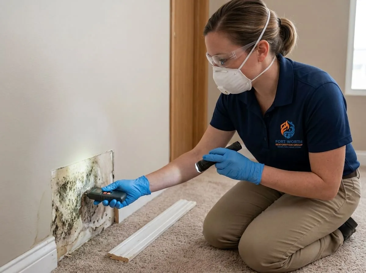 Technician checking a residential drywall patch for mold-causing moisture