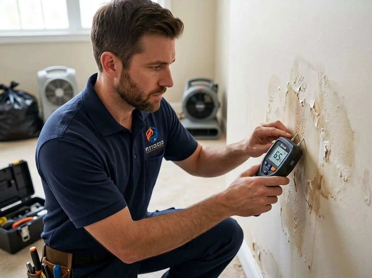Technician using a moisture meter to assess water damage in Kennedale