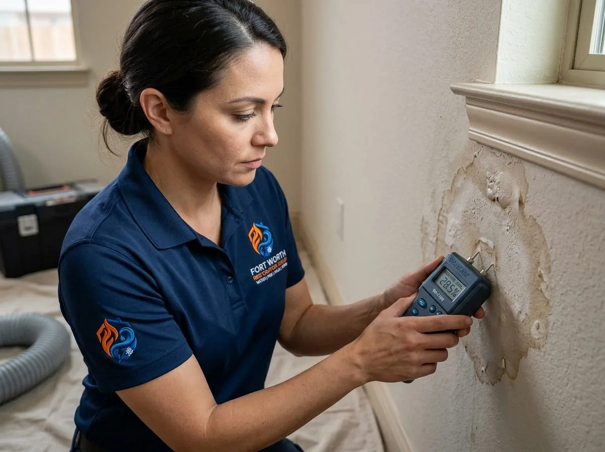 Technician testing a wall for moisture as part of a mold assessment