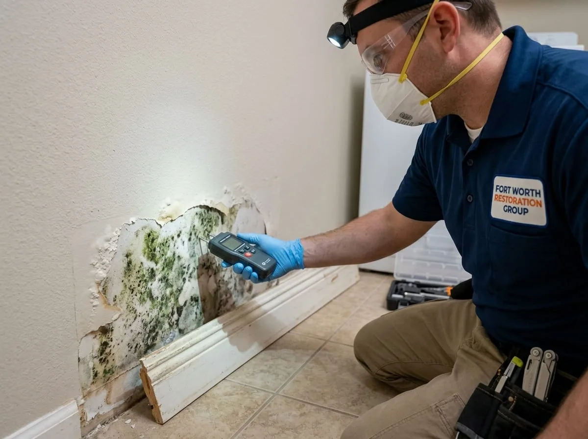 Technician examining suspected mold on drywall with a moisture meter