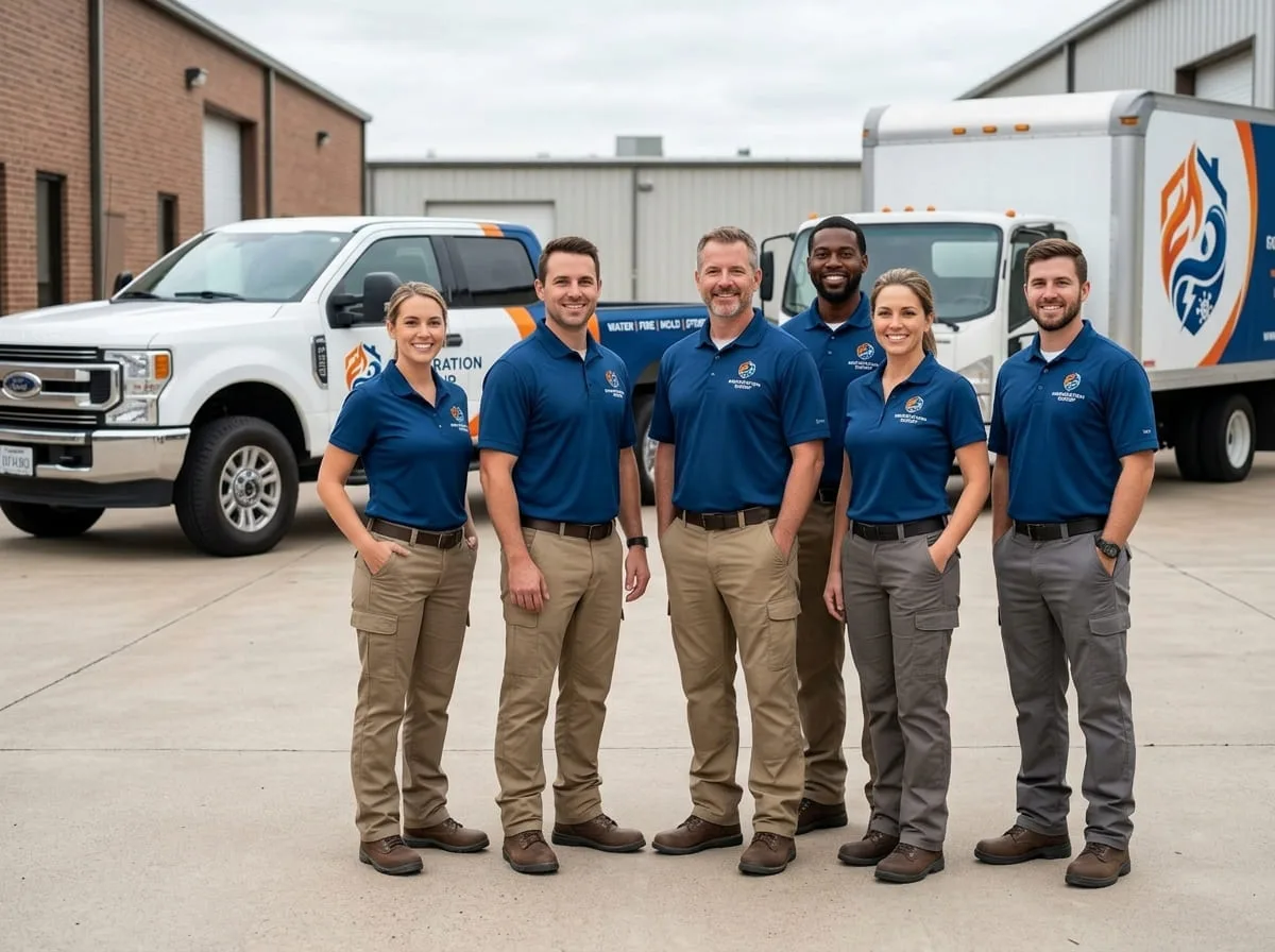 Restoration technicians and service vehicles ready to begin a contents pack-out
