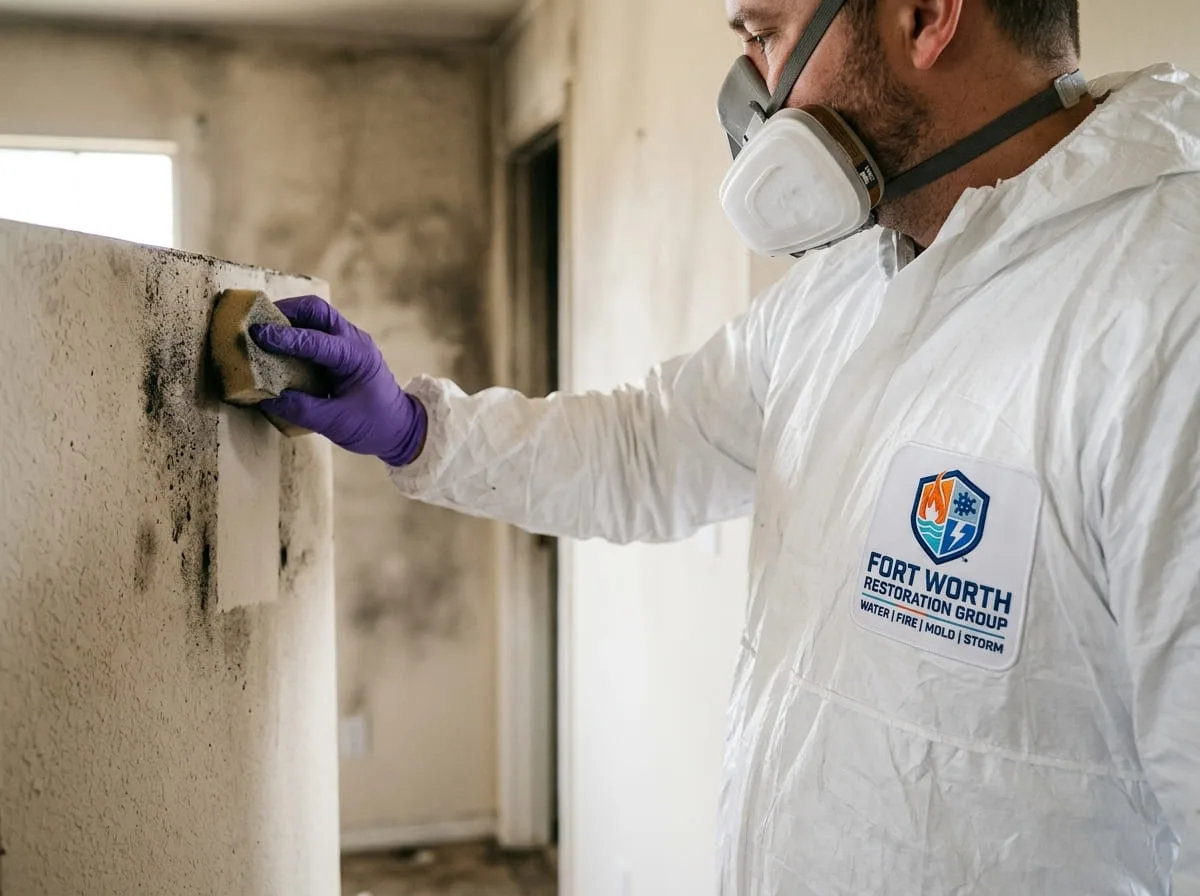 Technician in protective gear cleaning soot residue from an interior wall