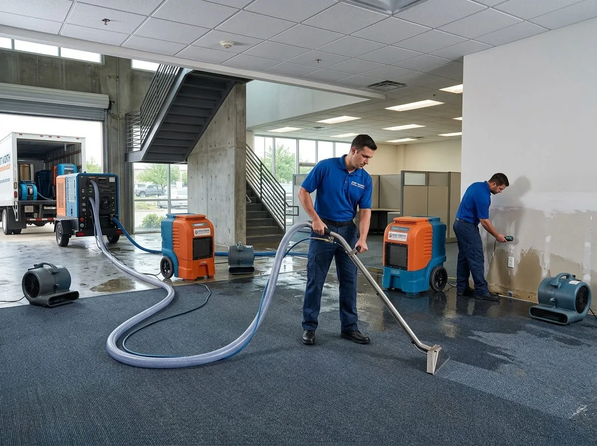 Technicians extracting firefighting water from a commercial space after a fire