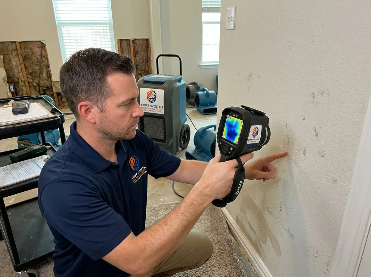 Technician using a thermal imaging camera to locate hidden moisture behind a wall