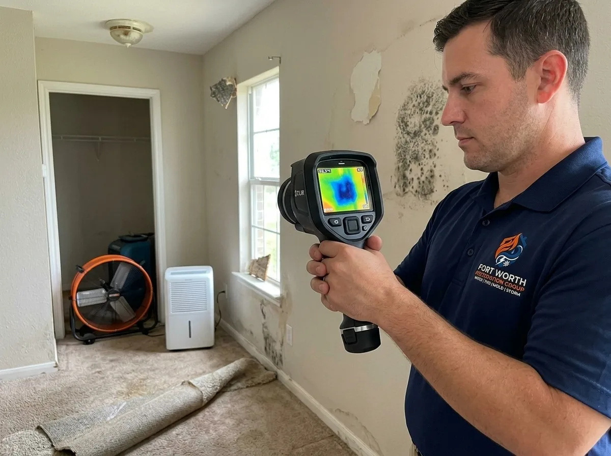 Technician using a thermal imaging camera to test for mold after a water loss