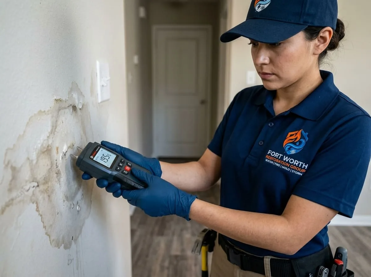 Technician testing a water-stained wall in Richland Hills