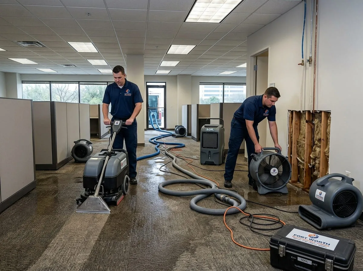 Technicians using carpet extraction equipment to remove standing water